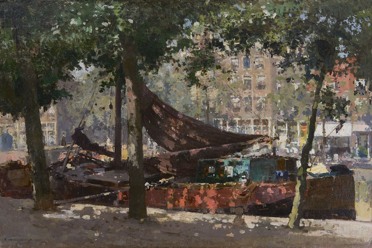 Vreedenburgh C. | Cornelis Vreedenburgh, Afgemeerde tjalk aan gracht in Amsterdam, olieverf op doek 60,2 x 89,9 cm, gesigneerd linksonder en gedateerd 1921 Vreedenburgh C. | Cornelis Vreedenburgh, Afgemeerde tjalk aan gracht in Amsterdam, olieverf op doek 60,2 x 89,9 cm, gesigneerd linksonder en gedateerd 1921