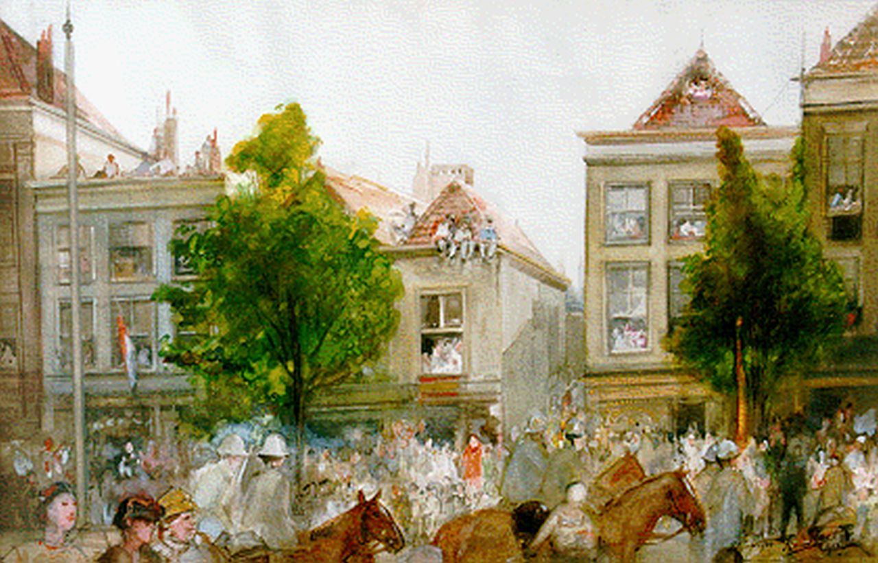 Bakker F.  | Frans Bakker, Optocht t.e.v. uitvaart Prins Hendrik op 't Spui in Den Haag, aquarel op papier 34,0 x 52,5 cm, gesigneerd rechtsonder en gedateerd 1934