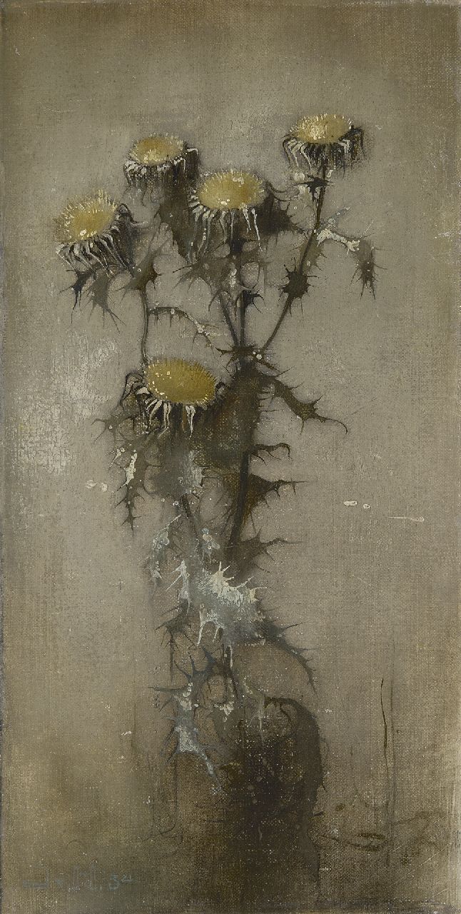 Hoboken J. van | Jacoba 'Jemmy' van Hoboken, Distel, olieverf op doek op paneel 25,8 x 13,1 cm, gesigneerd linksonder (onduidelijk) en gedateerd '34 Hoboken J. van | Jacoba 'Jemmy' van Hoboken, Distel, olieverf op doek op paneel 25,8 x 13,1 cm, gesigneerd linksonder (onduidelijk) en gedateerd '34