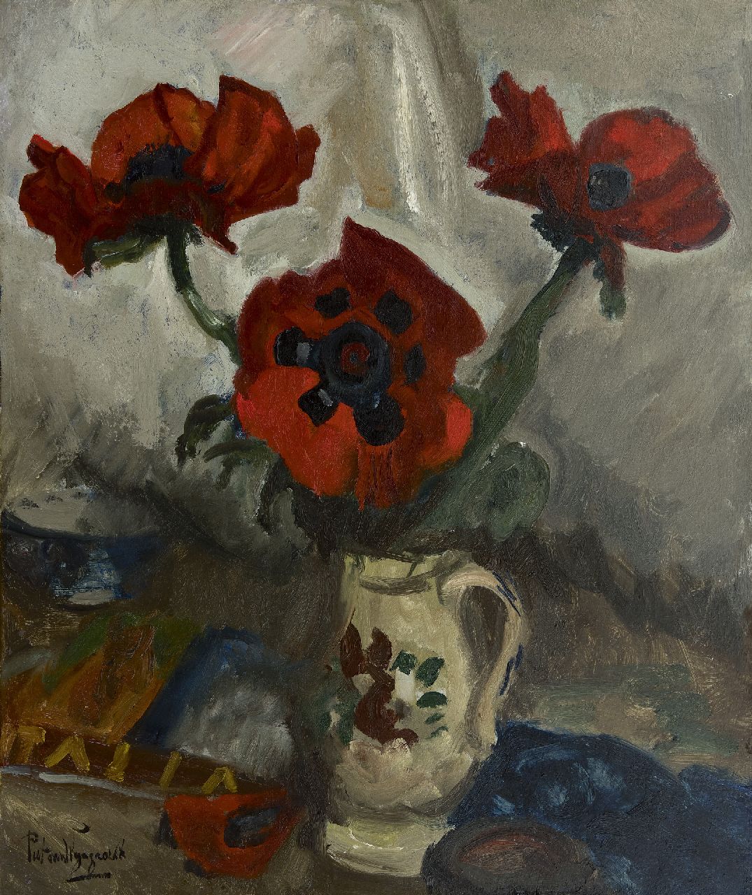 Wijngaerdt P.T. van | Petrus Theodorus 'Piet' van Wijngaerdt, Papavers in gebloemde kan, olieverf op doek 80,5 x 68,9 cm, gesigneerd linksonder Wijngaerdt P.T. van | Petrus Theodorus 'Piet' van Wijngaerdt, Papavers in gebloemde kan, olieverf op doek 80,5 x 68,9 cm, gesigneerd linksonder