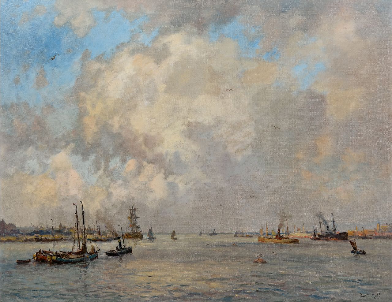 Moll E. | Evert Moll | Schilderijen te koop aangeboden | Scheepvaart onder hoge wolkenlucht, olieverf op doek 72,2 x 92,7 cm, gesigneerd rechtsonder Moll E. | Evert Moll | Schilderijen te koop aangeboden | Scheepvaart onder hoge wolkenlucht, olieverf op doek 72,2 x 92,7 cm, gesigneerd rechtsonder