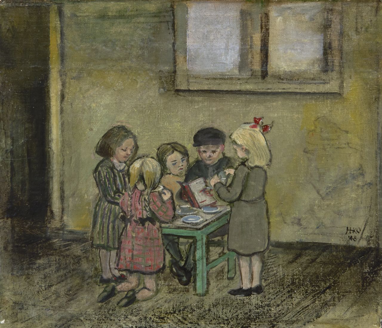 Kamerlingh Onnes H.H.  | 'Harm' Henrick Kamerlingh Onnes, Thee-uurtje spelen, olieverf op doek op paneel 19,2 x 22,7 cm, gesigneerd rechts van het midden met monogram en gedateerd '48