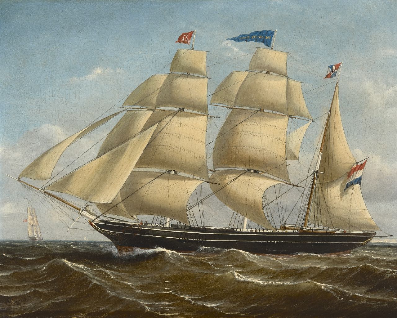 Schiedges P.P.  | Petrus Paulus Schiedges | Schilderijen te koop aangeboden | De bark Burgemeester Van Rheenen, zeilend voor de wind, olieverf op paneel 40,0 x 50,8 cm, gesigneerd linksonder en gedateerd 1858