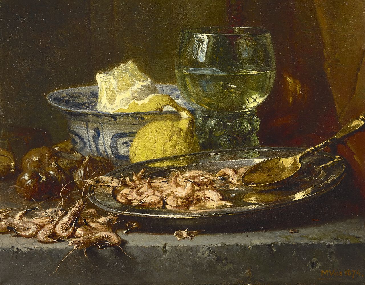 Vos M. | Maria Vos, Stilleven met garnalen en wijnroemer, olieverf op doek 33,5 x 42,0 cm, gesigneerd rechtsonder en gedateerd 1874 Vos M. | Maria Vos, Stilleven met garnalen en wijnroemer, olieverf op doek 33,5 x 42,0 cm, gesigneerd rechtsonder en gedateerd 1874