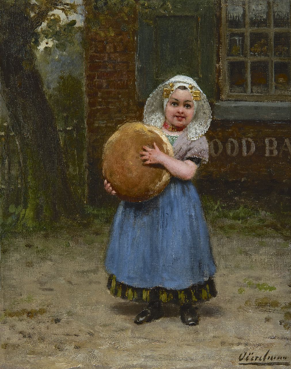 Eerelman O. | Otto Eerelman, Zeeuws meisje met vers brood, olieverf op doek 31,8 x 26,1 cm, gesigneerd rechtsonder Eerelman O. | Otto Eerelman, Zeeuws meisje met vers brood, olieverf op doek 31,8 x 26,1 cm, gesigneerd rechtsonder