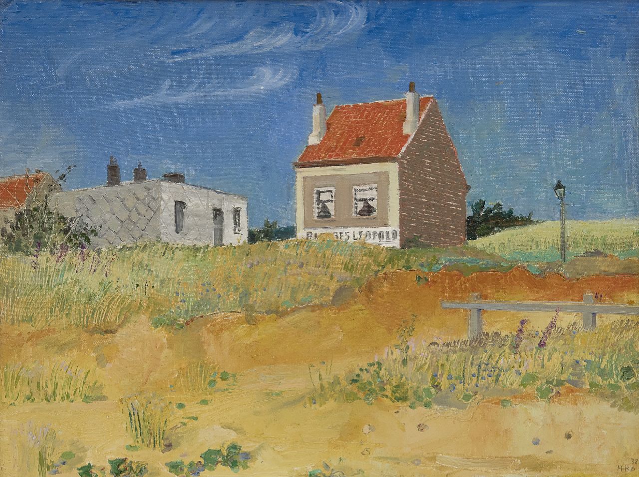 Kamerlingh Onnes H.H. | 'Harm' Henrick Kamerlingh Onnes, Huis bij Brussel, olieverf op doek op paneel 34,4 x 45,5 cm, gesigneerd rechtsonder met monogram en gedateerd '38 Kamerlingh Onnes H.H. | 'Harm' Henrick Kamerlingh Onnes, Huis bij Brussel, olieverf op doek op paneel 34,4 x 45,5 cm, gesigneerd rechtsonder met monogram en gedateerd '38