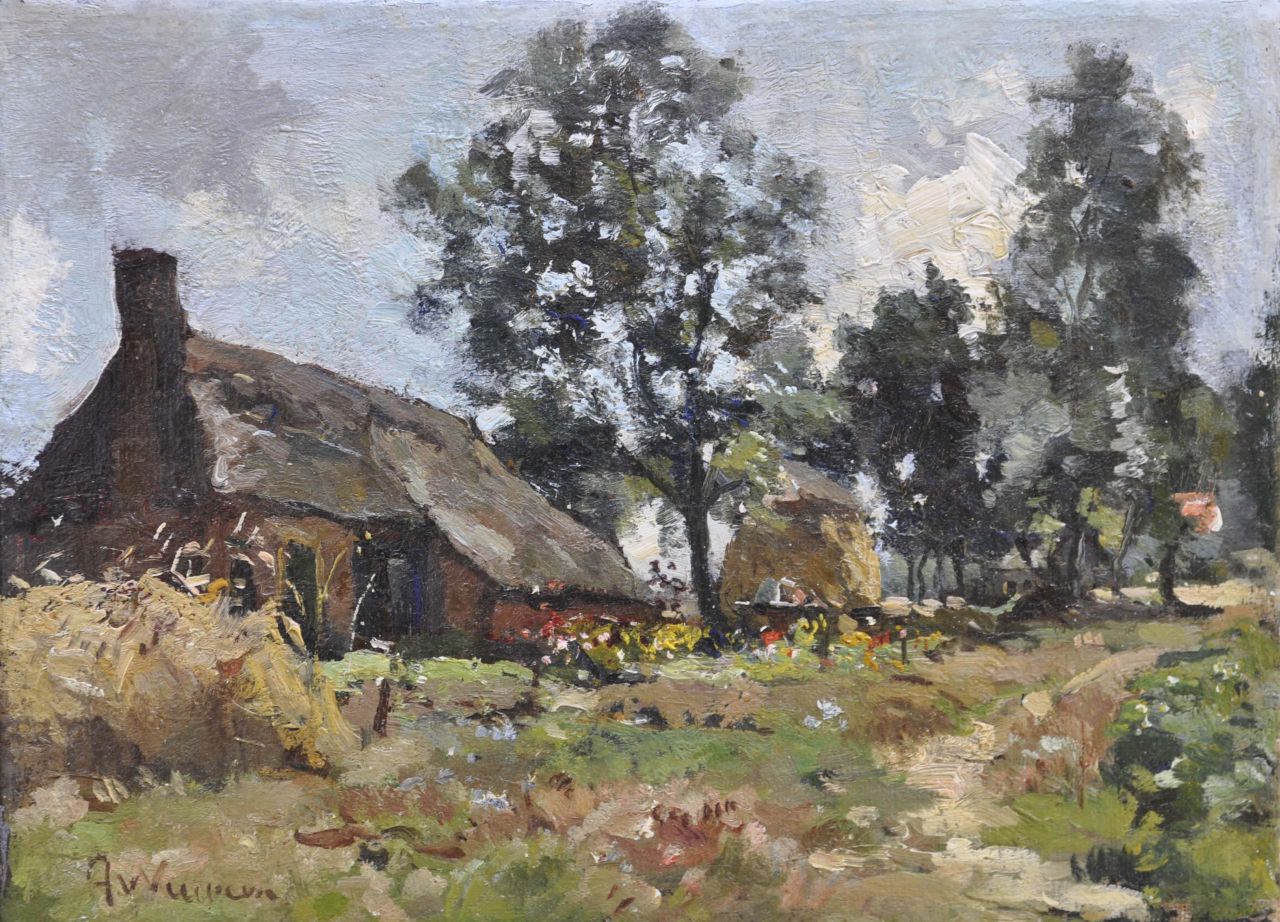 Vuuren J. van | Jan van Vuuren, Boerenerf met locomotiefhuisje, olieverf op doek 18,3 x 24,5 cm, gesigneerd linksonder Vuuren J. van | Jan van Vuuren, Boerenerf met locomotiefhuisje, olieverf op doek 18,3 x 24,5 cm, gesigneerd linksonder
