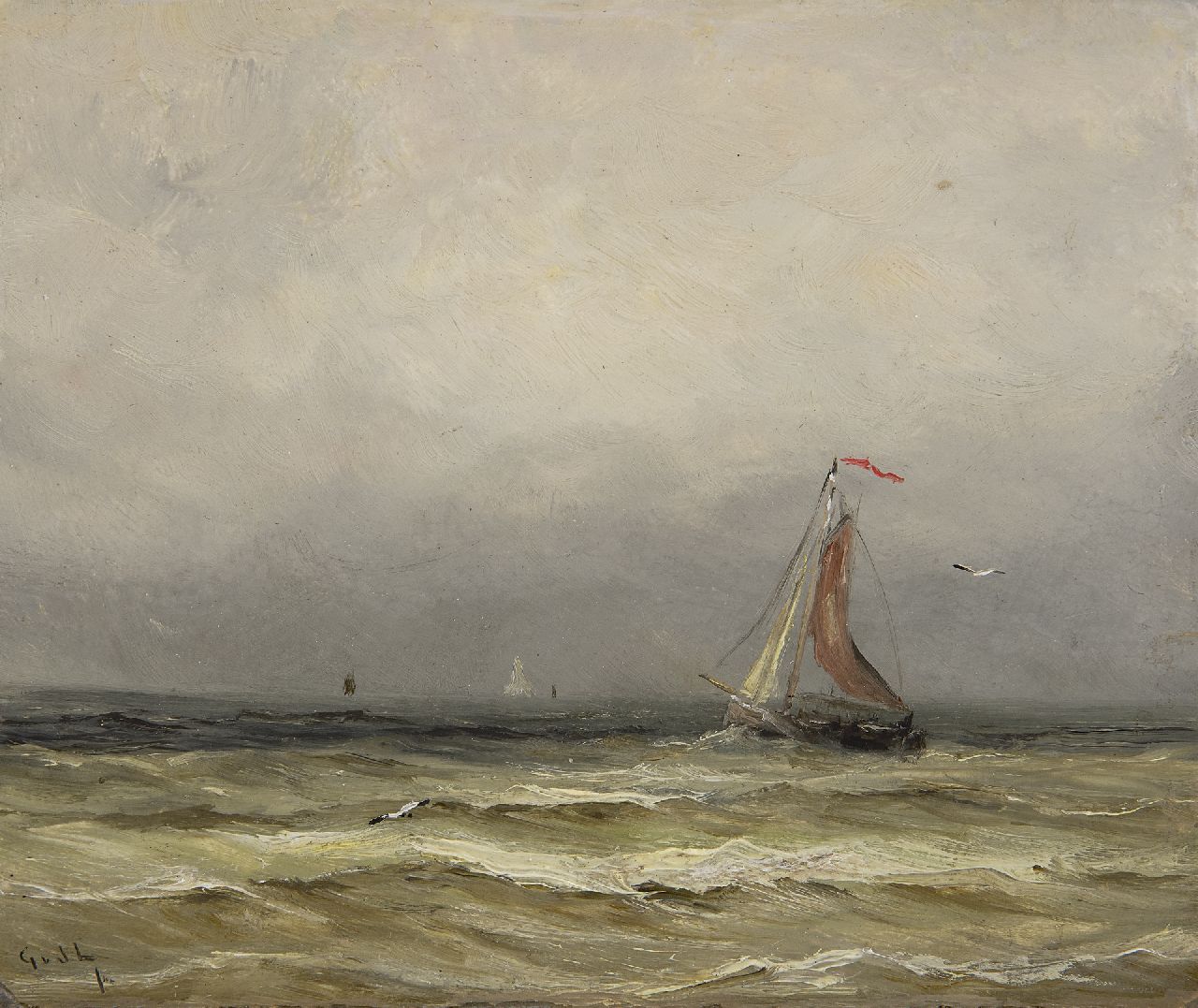 Laan G. van der | Gerard van der Laan, Scheveningse bomschuit op zee, olieverf op schildersboard 15,7 x 18,6 cm, gesigneerd linksonder met initialen Laan G. van der | Gerard van der Laan, Scheveningse bomschuit op zee, olieverf op schildersboard 15,7 x 18,6 cm, gesigneerd linksonder met initialen