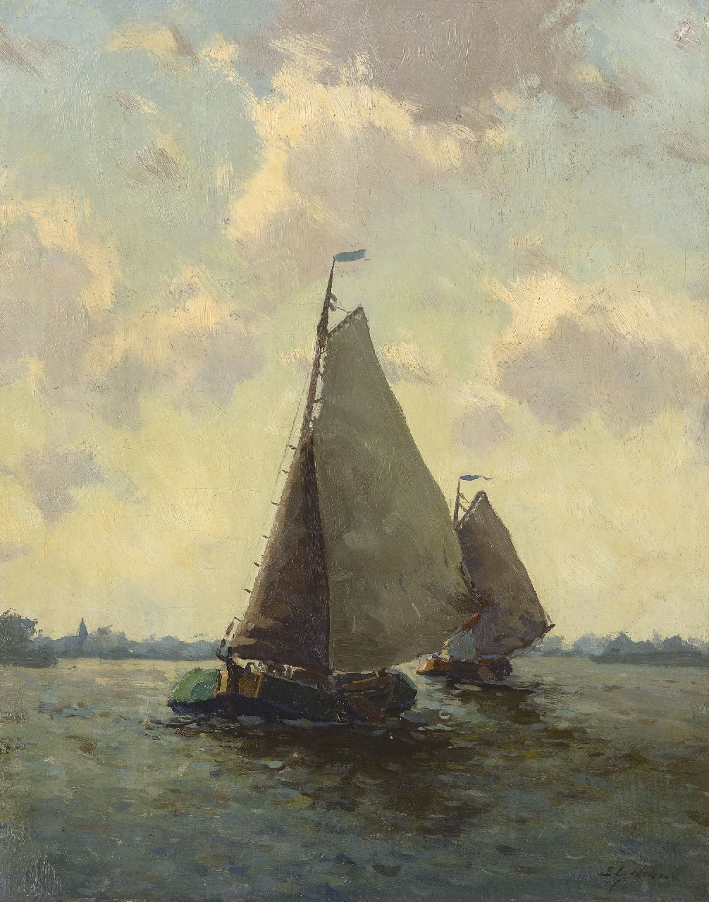 Ydema E.  | Egnatius Ydema, Zeilende tjalken, olieverf op doek 50,8 x 40,9 cm, gesigneerd rechtsonder en op spieraam