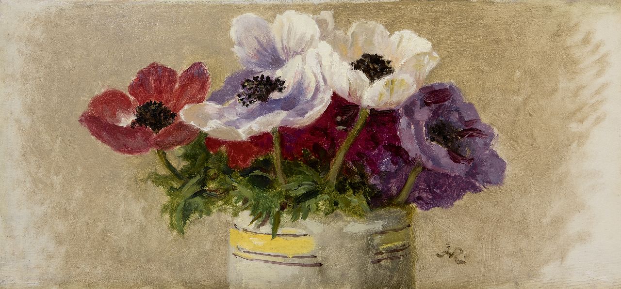 Ronner-Knip H.  | Henriette Ronner-Knip, Anemonen, olieverf op paneel 15,9 x 33,1 cm, gesigneerd rechtsonder met monogram