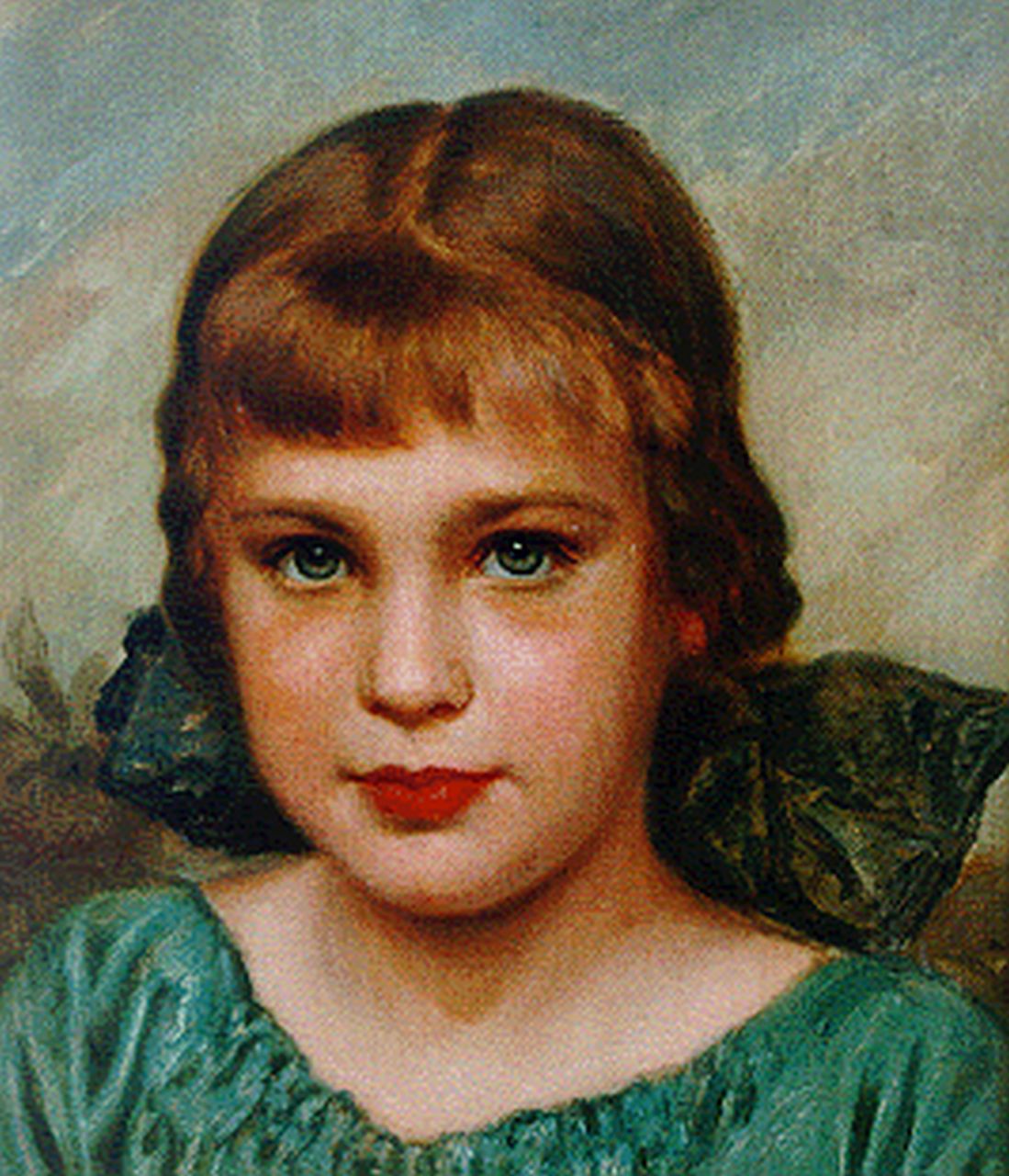 Erler F. | Fritz Erler, Portret van een jong meisje met strik, olieverf op doek op paneel 32,0 x 28,0 cm, gesigneerd linksonder Erler F. | Fritz Erler, Portret van een jong meisje met strik, olieverf op doek op paneel 32,0 x 28,0 cm, gesigneerd linksonder