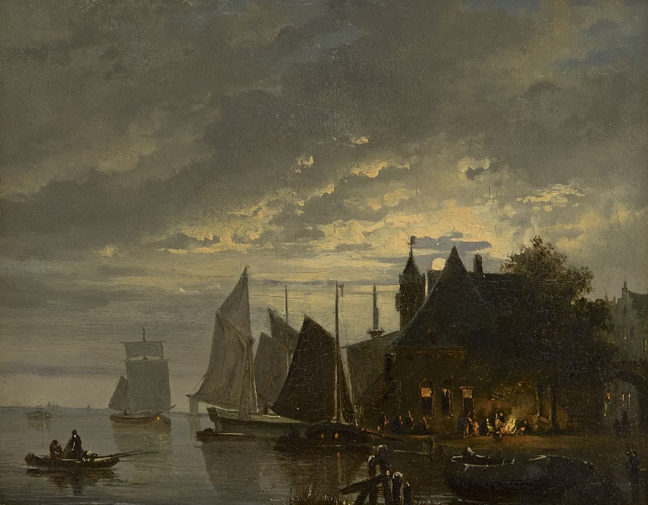 Cate H.G. ten | Hendrik Gerrit ten Cate | Schilderijen te koop aangeboden | Veerstoep en aangemeerde zeilschepen bij maanlicht, olieverf op paneel 25,1 x 32,0 cm, zonder lijst