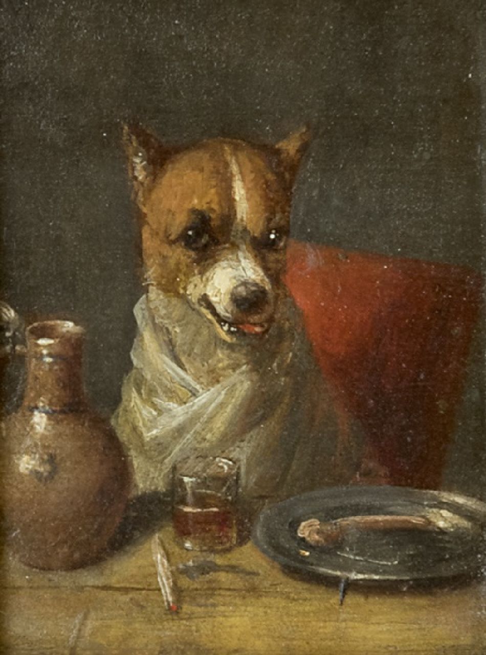 Eycken Ch. van den | Charles van den Eycken, De fijnproever: een hond aan tafel, olieverf op paneel 7,5 x 5,6 cm, gesigneerd linksboven met monogram en gedateerd '77 Eycken Ch. van den | Charles van den Eycken, De fijnproever: een hond aan tafel, olieverf op paneel 7,5 x 5,6 cm, gesigneerd linksboven met monogram en gedateerd '77