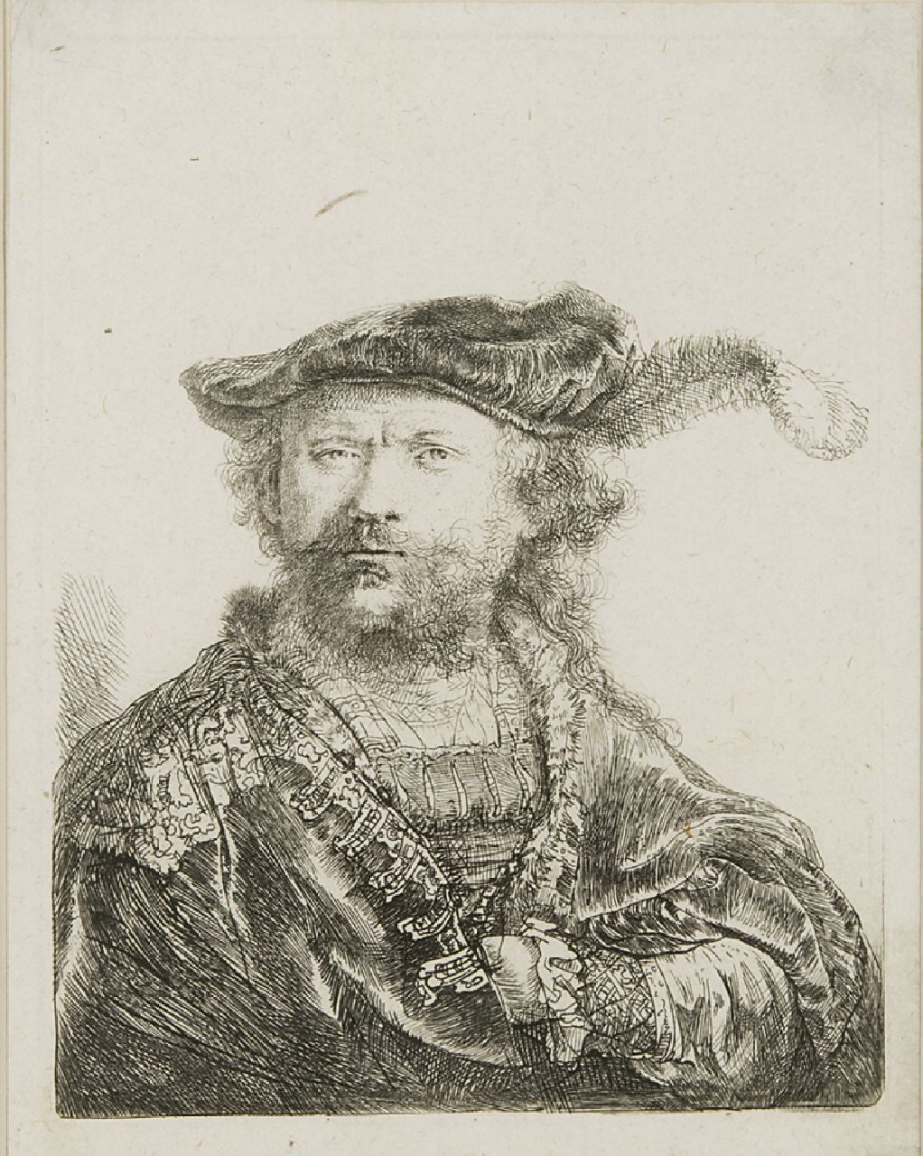Rembrandt (Rembrandt Harmensz. van Rijn) | Rembrandt (Rembrandt Harmensz. van Rijn), Zelfportret met gepluimde fluwelen baret, ets op papier 13,5 x 10,4 cm Rembrandt (Rembrandt Harmensz. van Rijn) | Rembrandt (Rembrandt Harmensz. van Rijn), Zelfportret met gepluimde fluwelen baret, ets op papier 13,5 x 10,4 cm