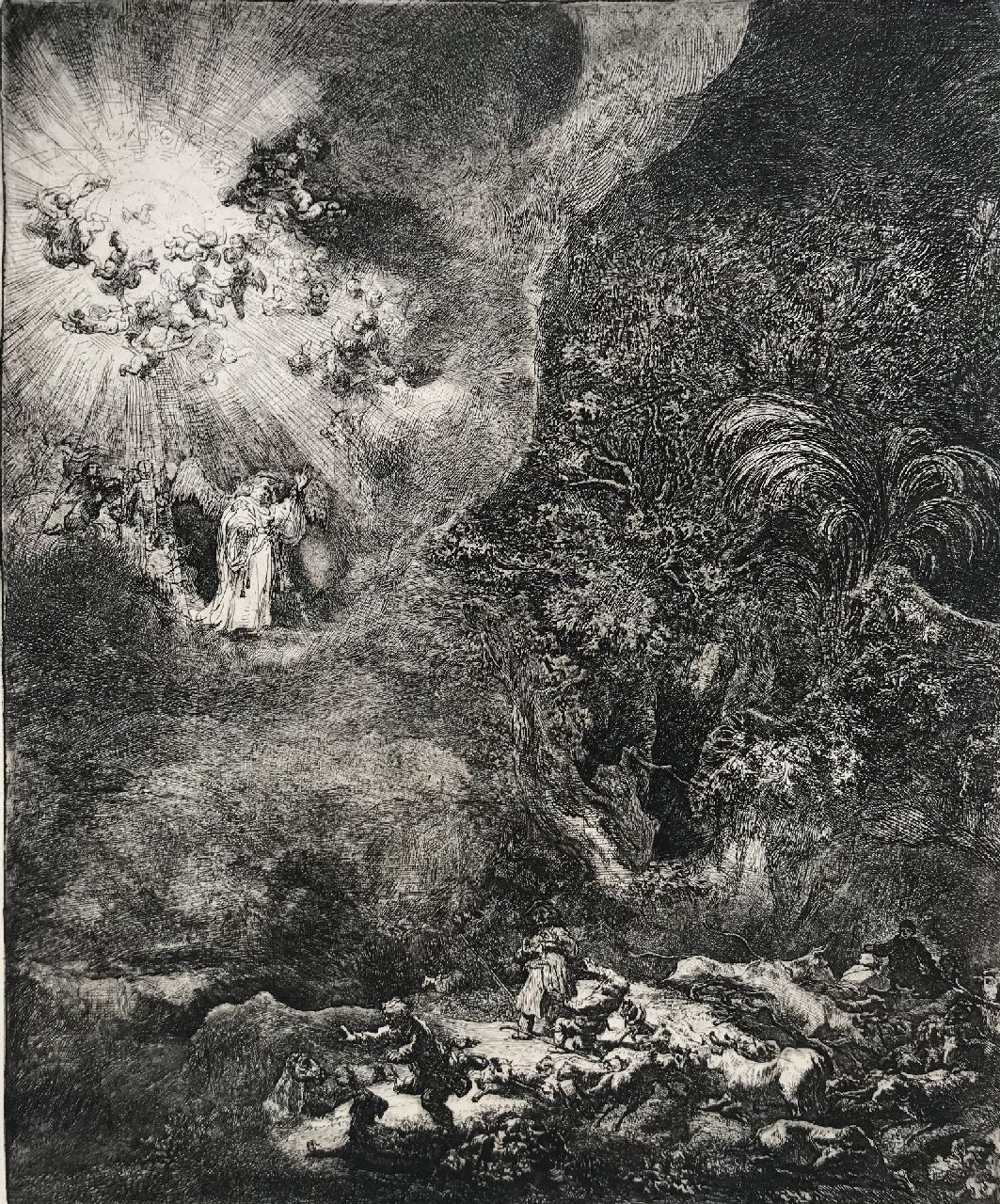Rembrandt (Rembrandt Harmensz. van Rijn)   | Rembrandt (Rembrandt Harmensz. van Rijn), De verkondiging aan de herders, ets 26,2 x 21,7 cm, gesigneerd rechtsonder en gedateerd in de plaat 1634