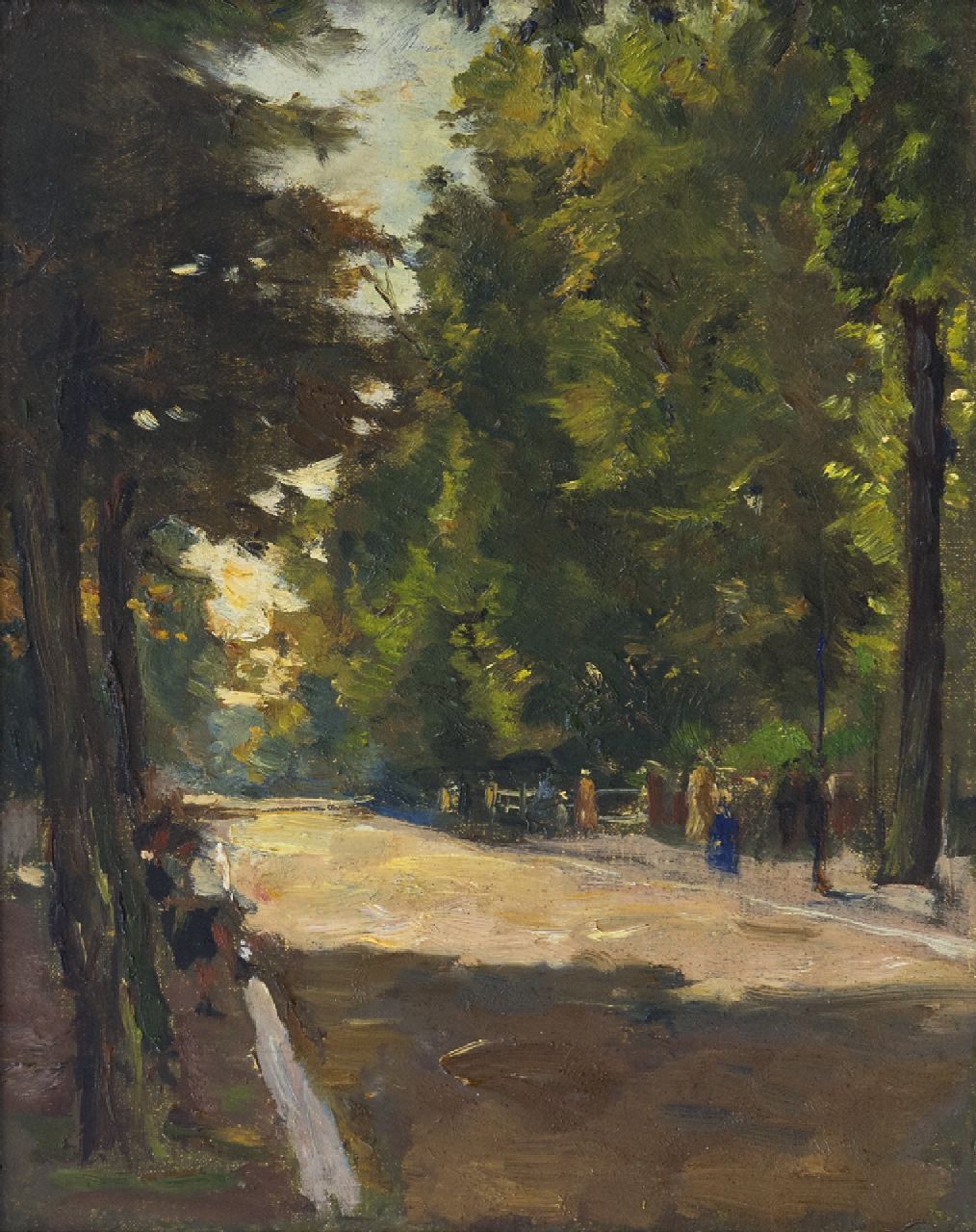 Noltee B.C. | Bernardus Cornelis 'Cor' Noltee, Wandelaars in het park, olieverf op doek 25,3 x 20,3 cm Noltee B.C. | Bernardus Cornelis 'Cor' Noltee, Wandelaars in het park, olieverf op doek 25,3 x 20,3 cm
