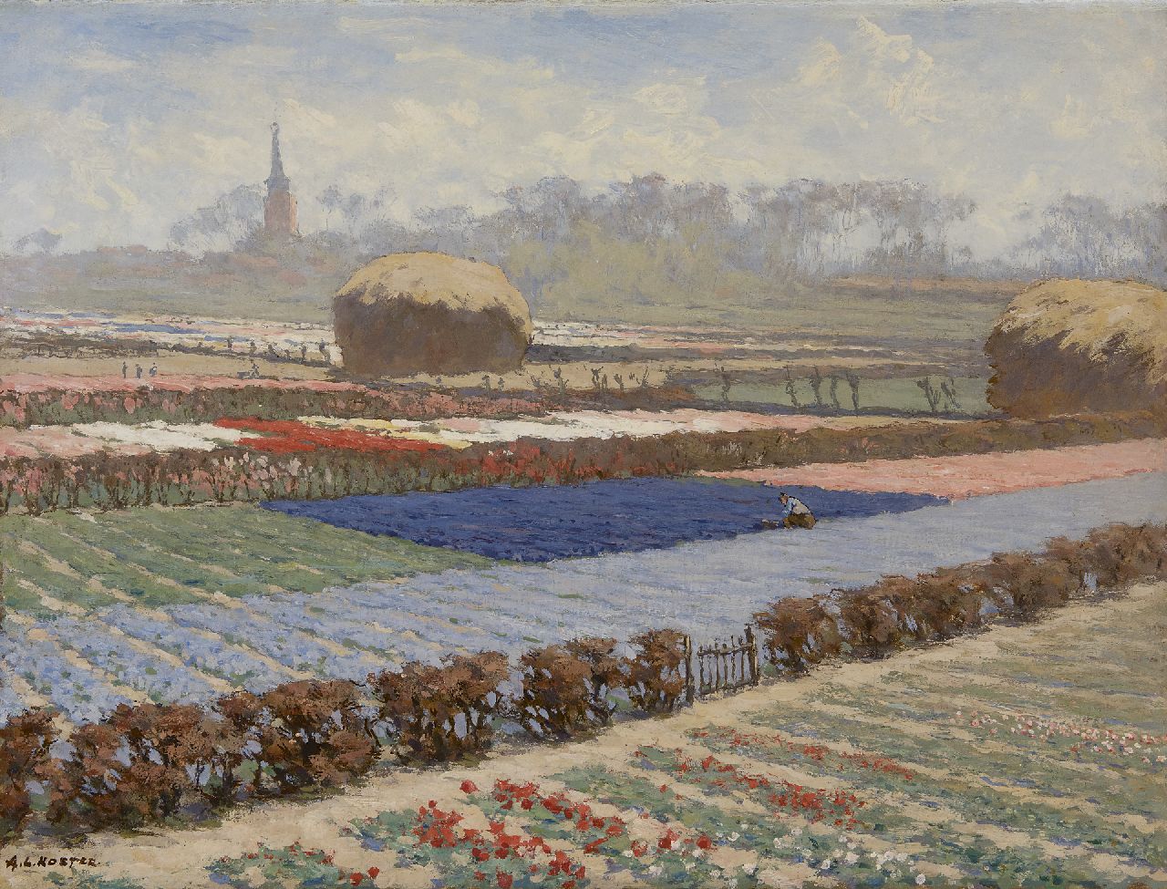 Koster A.L. | Anton Louis 'Anton' Koster, Hyacinten- en tulpenvelden, olieverf op doek 44,7 x 59,3 cm, gesigneerd linksonder en met stempel op etiket op spieraam Koster A.L. | Anton Louis 'Anton' Koster, Hyacinten- en tulpenvelden, olieverf op doek 44,7 x 59,3 cm, gesigneerd linksonder en met stempel op etiket op spieraam