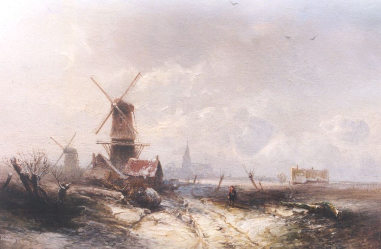 Kluyver P.L.F. | 'Pieter' Lodewijk Francisco Kluyver, Winterlandschap met molen, olieverf op paneel 19,5 x 27,3 cm, gesigneerd linksonder Kluyver P.L.F. | 'Pieter' Lodewijk Francisco Kluyver, Winterlandschap met molen, olieverf op paneel 19,5 x 27,3 cm, gesigneerd linksonder