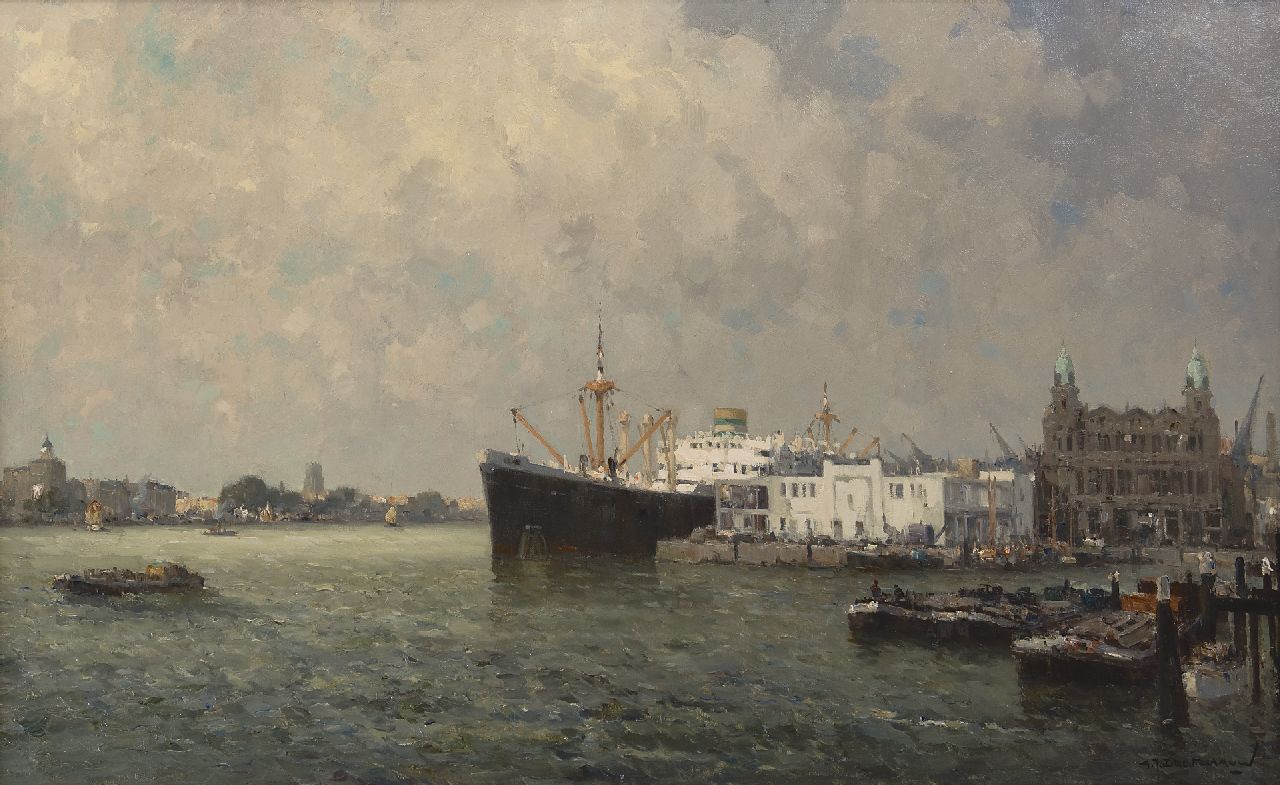 Delfgaauw G.J. | Gerardus Johannes 'Gerard' Delfgaauw, De Nieuwe Maas bij Rotterdam met het hoofdkantoor van de HAL, olieverf op doek 60,5 x 100,4 cm, gesigneerd rechtsonder Delfgaauw G.J. | Gerardus Johannes 'Gerard' Delfgaauw, De Nieuwe Maas bij Rotterdam met het hoofdkantoor van de HAL, olieverf op doek 60,5 x 100,4 cm, gesigneerd rechtsonder