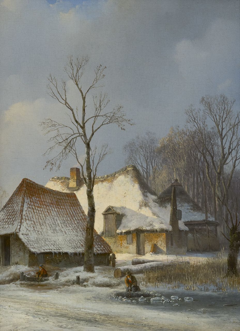 Schelfhout A. | Andreas Schelfhout, Winterse boerderij met schaatser en ijsvisser, olieverf op paneel 30,8 x 23,0 cm, te dateren ca. 1825 Schelfhout A. | Andreas Schelfhout, Winterse boerderij met schaatser en ijsvisser, olieverf op paneel 30,8 x 23,0 cm, te dateren ca. 1825