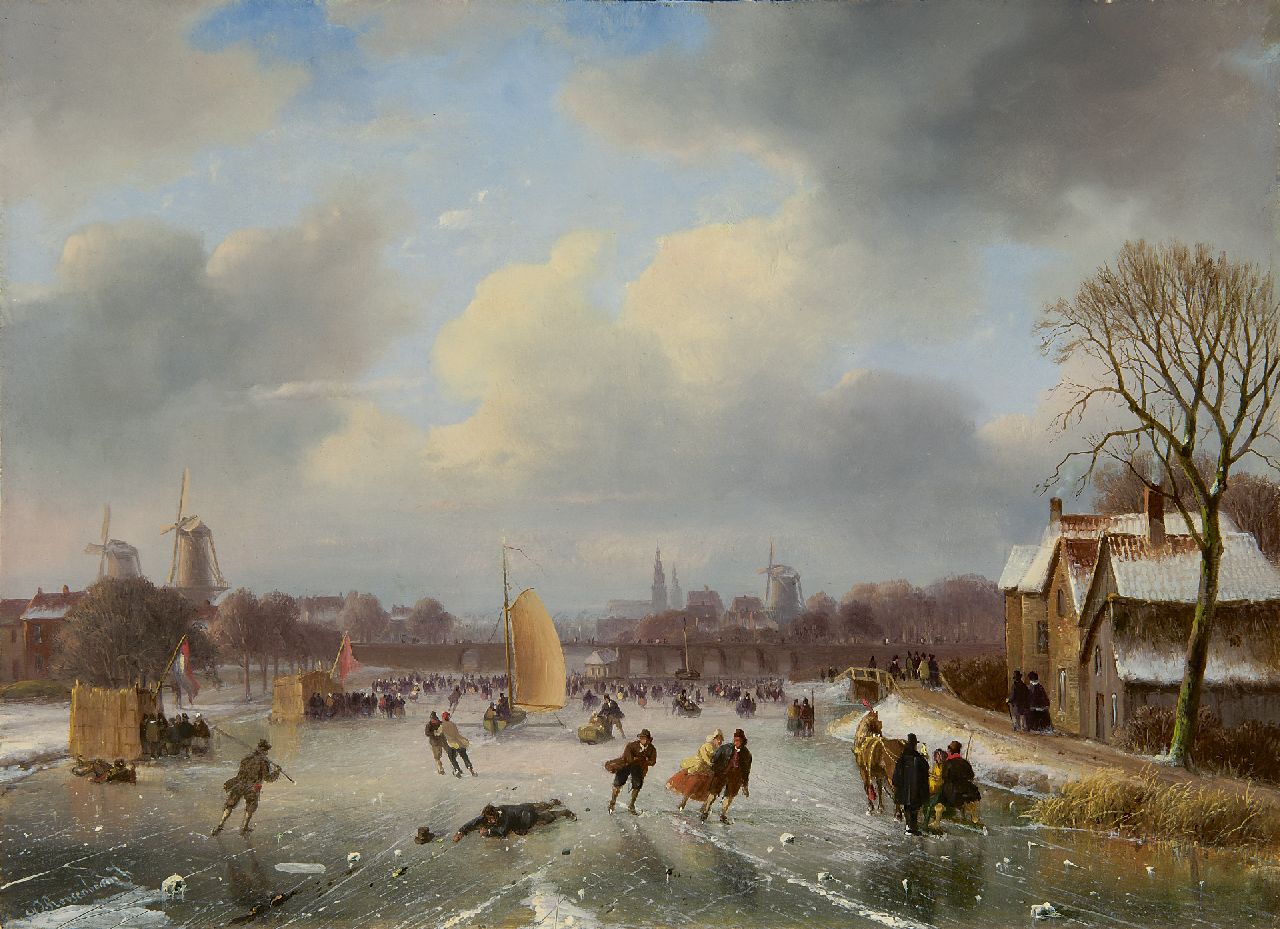 Roosenboom N.J. | Nicolaas Johannes Roosenboom, Winterpret met ijszeilboot en schaatsers, olieverf op paneel 29,5 x 40,4 cm, gesigneerd linksonder Roosenboom N.J. | Nicolaas Johannes Roosenboom, Winterpret met ijszeilboot en schaatsers, olieverf op paneel 29,5 x 40,4 cm, gesigneerd linksonder
