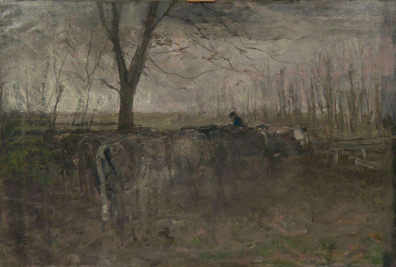 Mauve A.  | Anthonij 'Anton' Mauve, Melkbocht bij Den Haag bij buiig weer, olieverf op doek 116,4 x 172,8 cm, gesigneerd rechtsonder