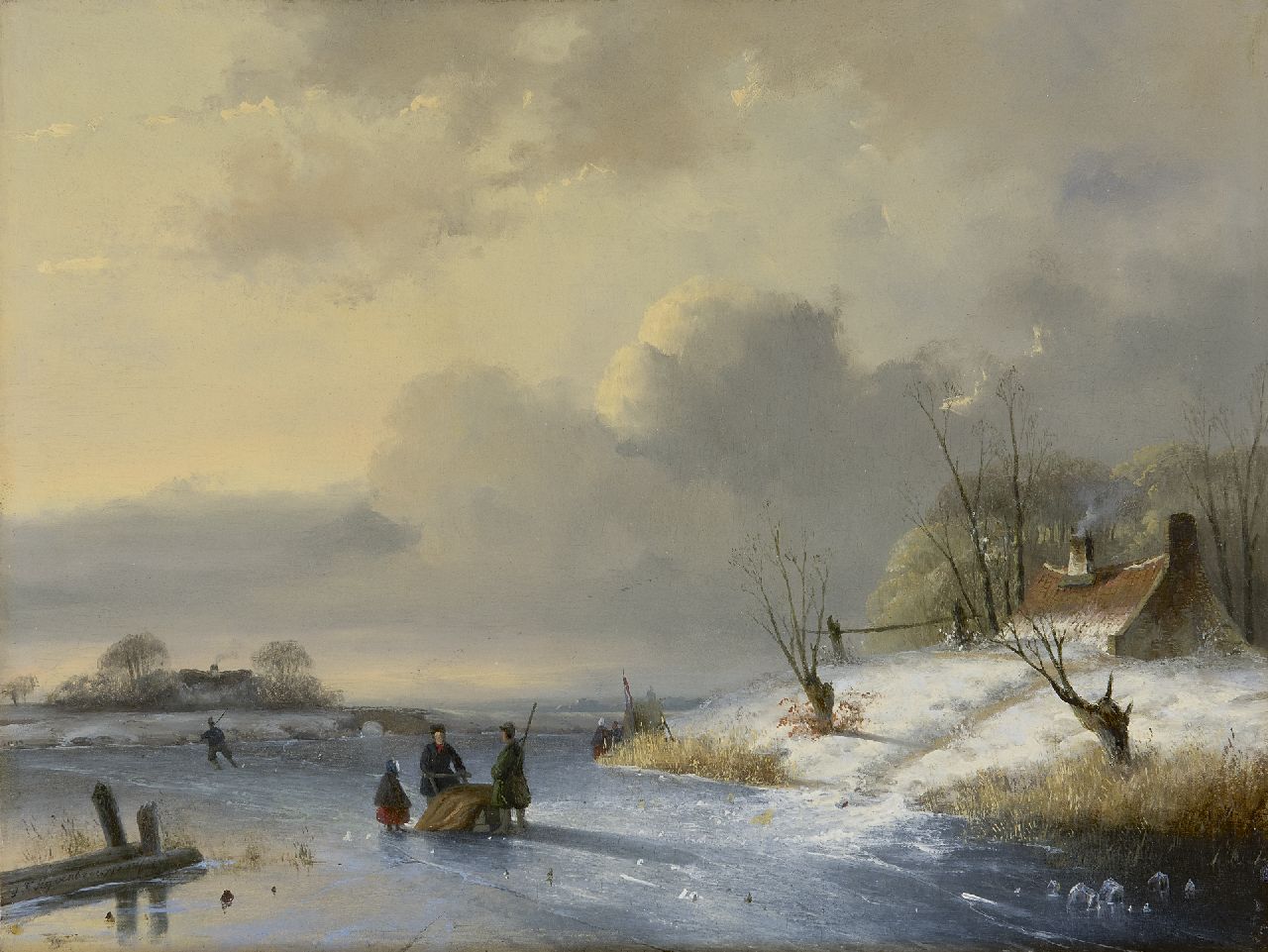Hoppenbrouwers J.F.  | Johannes Franciscus Hoppenbrouwers, Winterlandschap met schaatsers, olieverf op paneel 27,9 x 36,9 cm, gesigneerd linksonder en gedateerd 1847