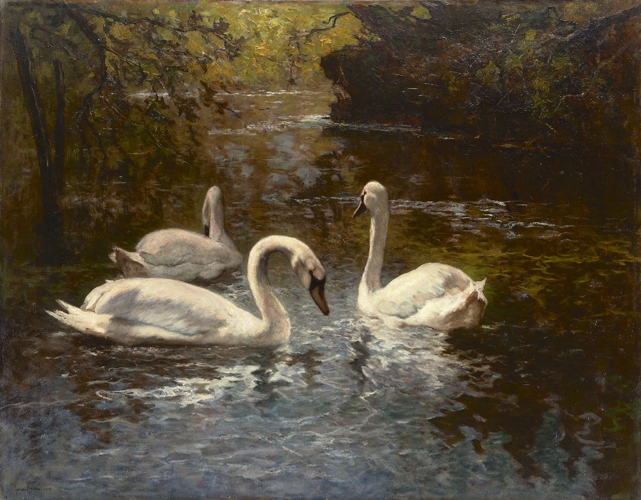 Essen J.C. van | Johannes Cornelis 'Jan' van Essen, Witte zwanen, olieverf op doek 83,3 x 104,7 cm, gesigneerd linksonder en gedateerd 1908 Essen J.C. van | Johannes Cornelis 'Jan' van Essen, Witte zwanen, olieverf op doek 83,3 x 104,7 cm, gesigneerd linksonder en gedateerd 1908