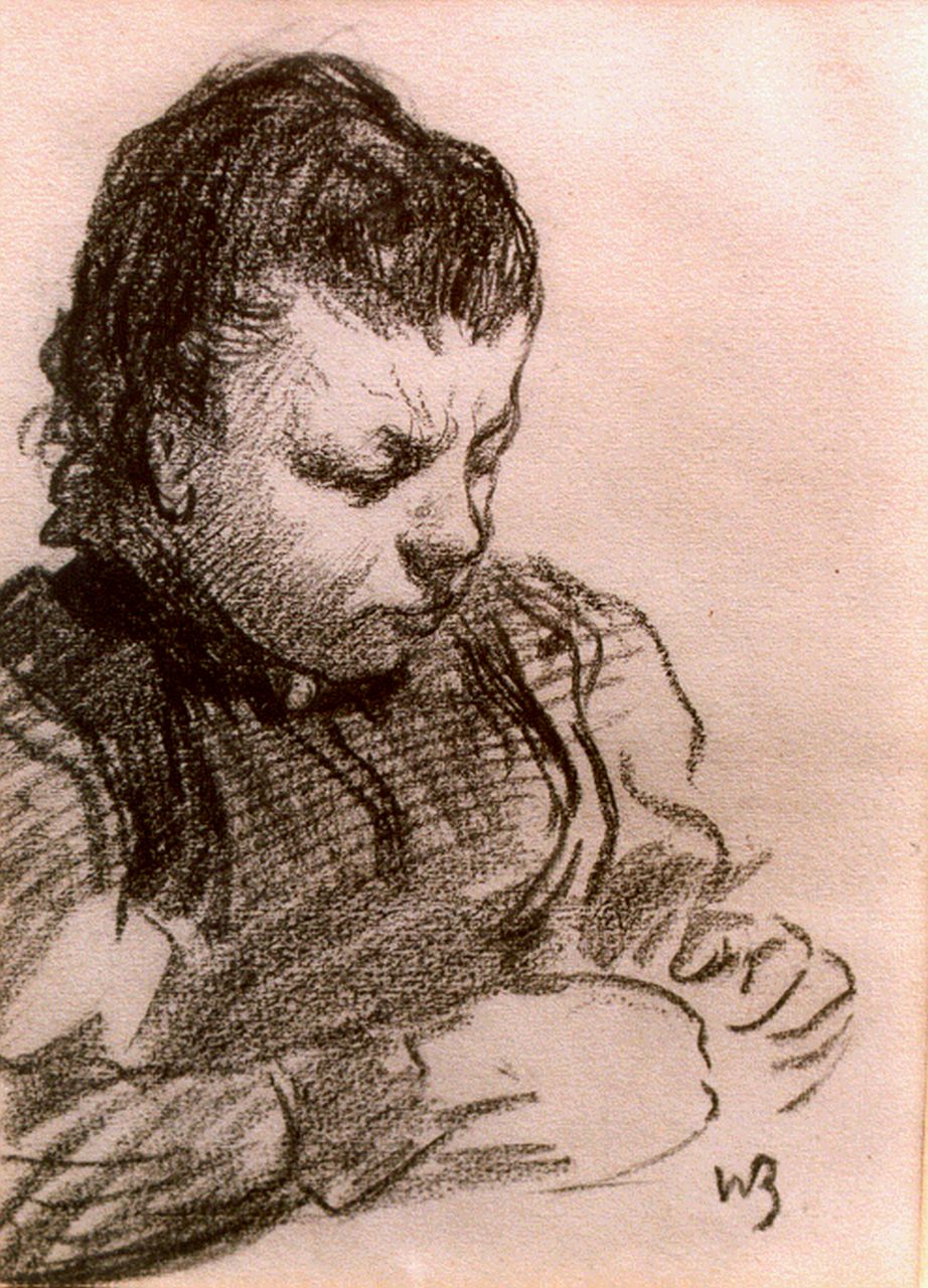 Sluiter J.W. | Jan Willem 'Willy' Sluiter, Zittend meisje, houtskool op papier 20,5 x 15,0 cm, gesigneerd rechtsonder monogram Sluiter J.W. | Jan Willem 'Willy' Sluiter, Zittend meisje, houtskool op papier 20,5 x 15,0 cm, gesigneerd rechtsonder monogram