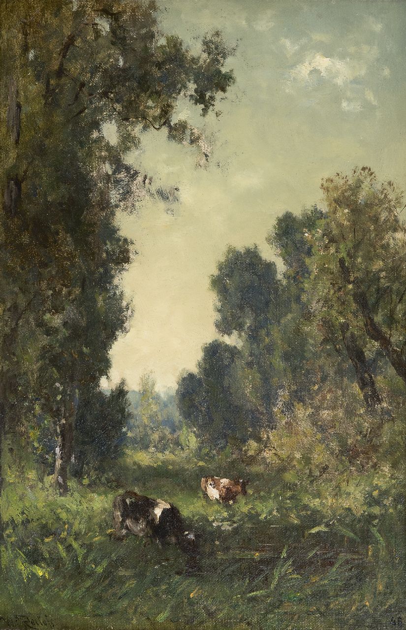 Roelofs W. | Willem Roelofs, Landschap met drinkende koeien, Lanaije, olieverf op doek 43,7 x 28,5 cm, gesigneerd linksonder en te dateren ca. 1884 Roelofs W. | Willem Roelofs, Landschap met drinkende koeien, Lanaije, olieverf op doek 43,7 x 28,5 cm, gesigneerd linksonder en te dateren ca. 1884