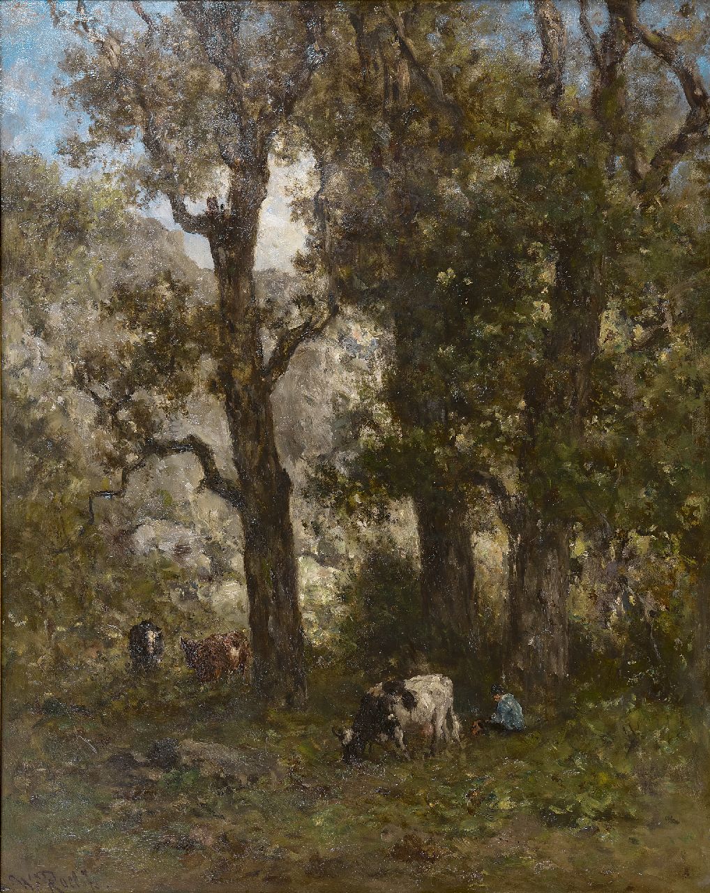 Roelofs W. | Willem Roelofs, Herder met koeien in het bos, olieverf op paneel 56,1 x 45,8 cm, gesigneerd linksonder Roelofs W. | Willem Roelofs, Herder met koeien in het bos, olieverf op paneel 56,1 x 45,8 cm, gesigneerd linksonder