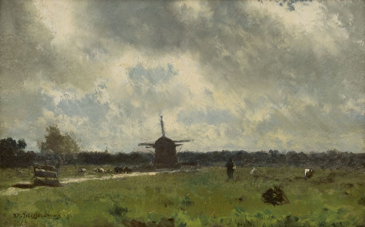 Weissenbruch H.J. | Hendrik Johannes 'J.H.' Weissenbruch, Polderlandschap bij buiig weer, olieverf op papier op paneel 19,4 x 30,8 cm, gesigneerd linksonder Weissenbruch H.J. | Hendrik Johannes 'J.H.' Weissenbruch, Polderlandschap bij buiig weer, olieverf op papier op paneel 19,4 x 30,8 cm, gesigneerd linksonder