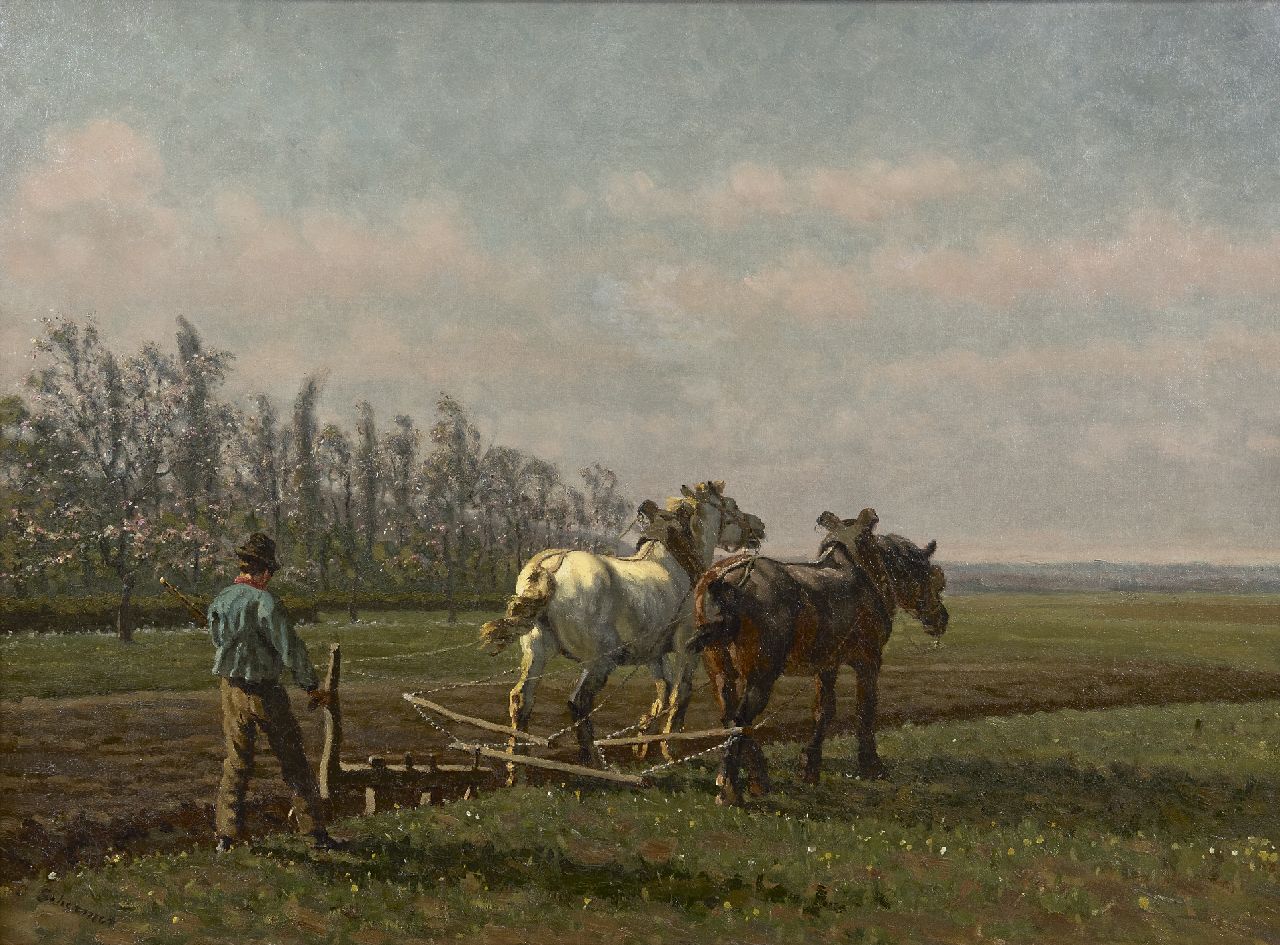 Schermer C.A.J. | Cornelis Albertus Johannes Schermer, Paarden voor de ploeg, olieverf op doek 51,4 x 70,5 cm, gesigneerd linksonder Schermer C.A.J. | Cornelis Albertus Johannes Schermer, Paarden voor de ploeg, olieverf op doek 51,4 x 70,5 cm, gesigneerd linksonder