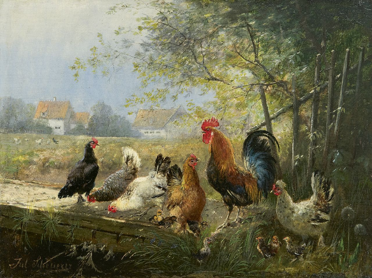 Scheuerer J. | Julius Scheuerer, Haan met zijn kippen, olieverf op paneel 18,7 x 24,4 cm, gesigneerd linksonder Scheuerer J. | Julius Scheuerer, Haan met zijn kippen, olieverf op paneel 18,7 x 24,4 cm, gesigneerd linksonder