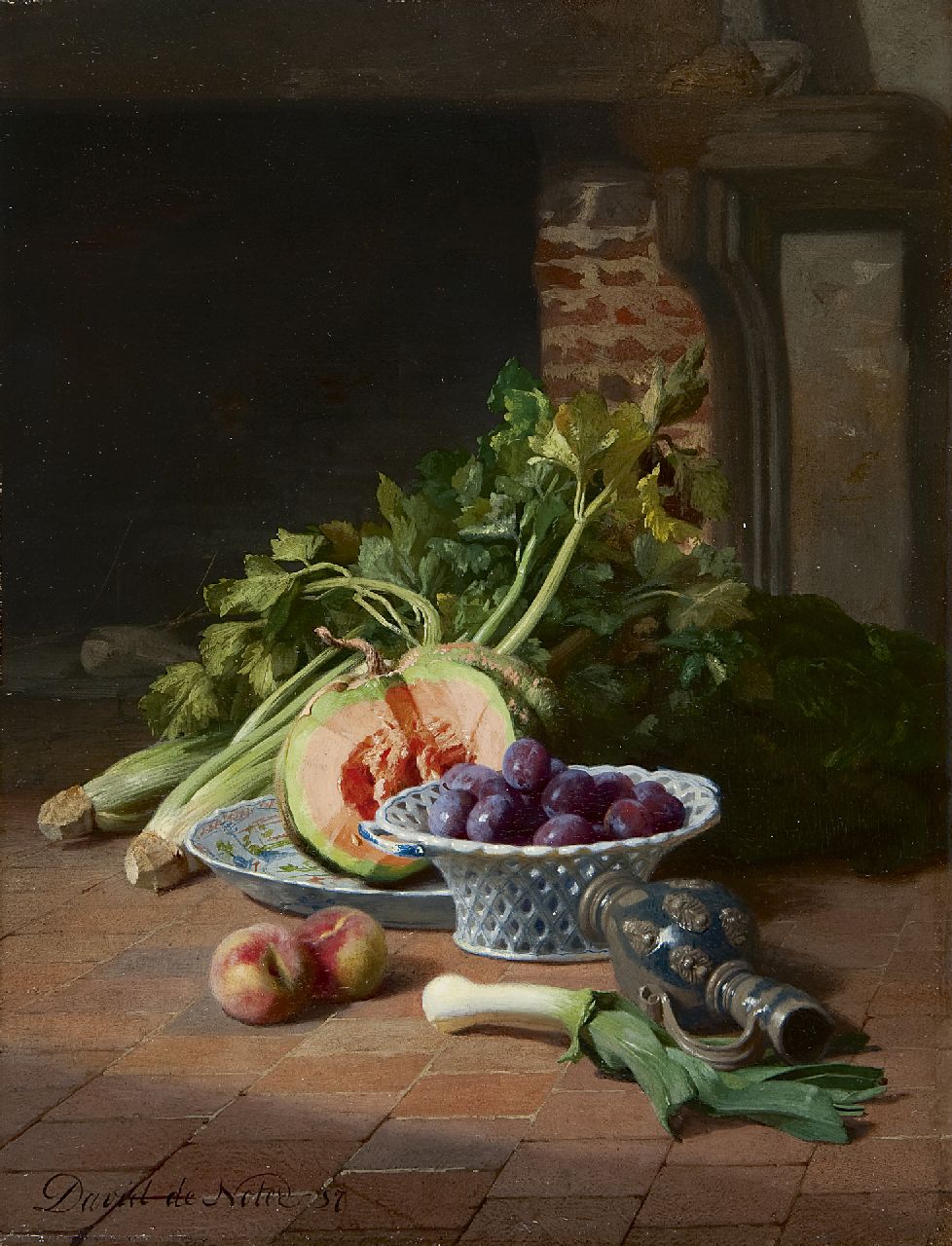 Noter D.E.J. de | 'David' Emile Joseph de Noter, Stilleven met selderij en pompoen, olieverf op paneel 32,0 x 24,5 cm, gesigneerd linksonder en gedateerd '57 Noter D.E.J. de | 'David' Emile Joseph de Noter, Stilleven met selderij en pompoen, olieverf op paneel 32,0 x 24,5 cm, gesigneerd linksonder en gedateerd '57