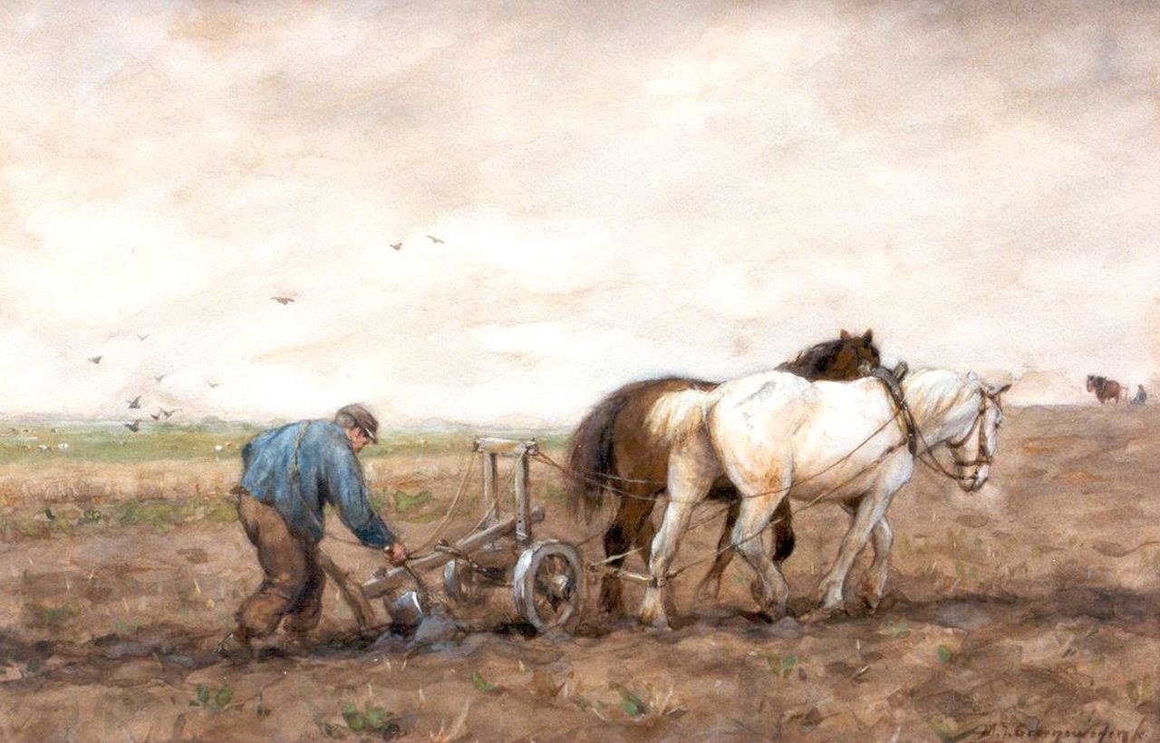 Groenewegen A.J.  | Adrianus Johannes Groenewegen, Ploegende boer, aquarel op papier 33,3 x 51,0 cm, gesigneerd rechtsonder