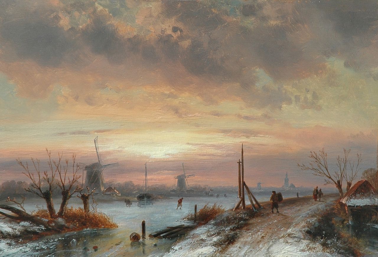 Leickert C.H.J. | 'Charles' Henri Joseph Leickert, Schaatsers en wandelaars bij zonsondergang, olieverf op paneel 29,1 x 42,5 cm, gesigneerd rechtsonder Leickert C.H.J. | 'Charles' Henri Joseph Leickert, Schaatsers en wandelaars bij zonsondergang, olieverf op paneel 29,1 x 42,5 cm, gesigneerd rechtsonder