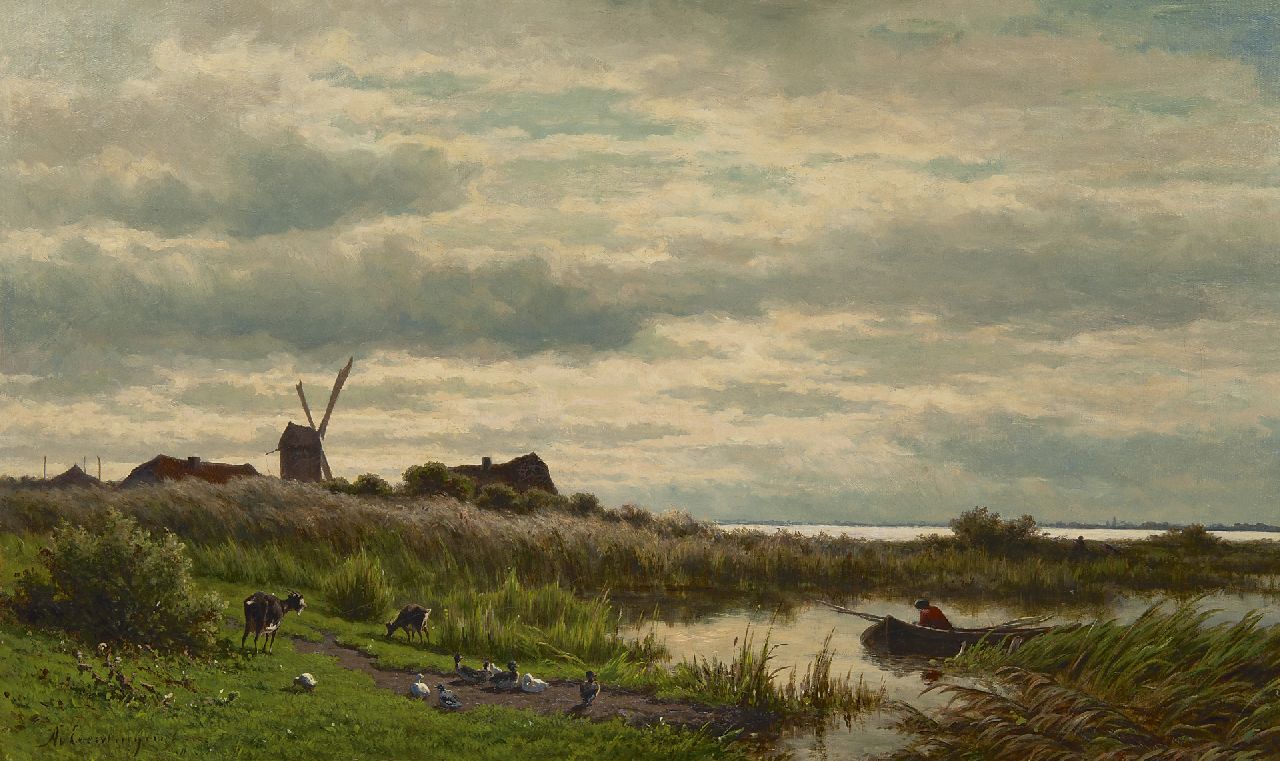 Everdingen A. van | Adrianus van Everdingen, Hollands plaslandschap met visser, olieverf op doek 45,1 x 75,6 cm, gesigneerd linksonder Everdingen A. van | Adrianus van Everdingen, Hollands plaslandschap met visser, olieverf op doek 45,1 x 75,6 cm, gesigneerd linksonder