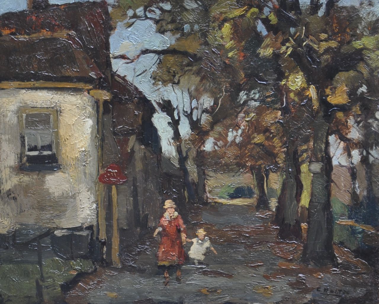 Noltee B.C.  | Bernardus Cornelis 'Cor' Noltee, Dorpslaantje met moeder en kind, olieverf op paneel 26,9 x 32,8 cm, gesigneerd rechtsonder