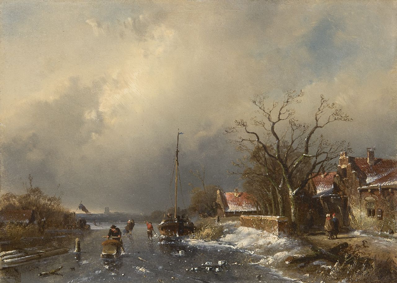Leickert C.H.J. | 'Charles' Henri Joseph Leickert, Schaatsers op het ijs bij naderende sneeuwstorm, olieverf op paneel 24,3 x 33,1 cm, gesigneerd linksonder Leickert C.H.J. | 'Charles' Henri Joseph Leickert, Schaatsers op het ijs bij naderende sneeuwstorm, olieverf op paneel 24,3 x 33,1 cm, gesigneerd linksonder