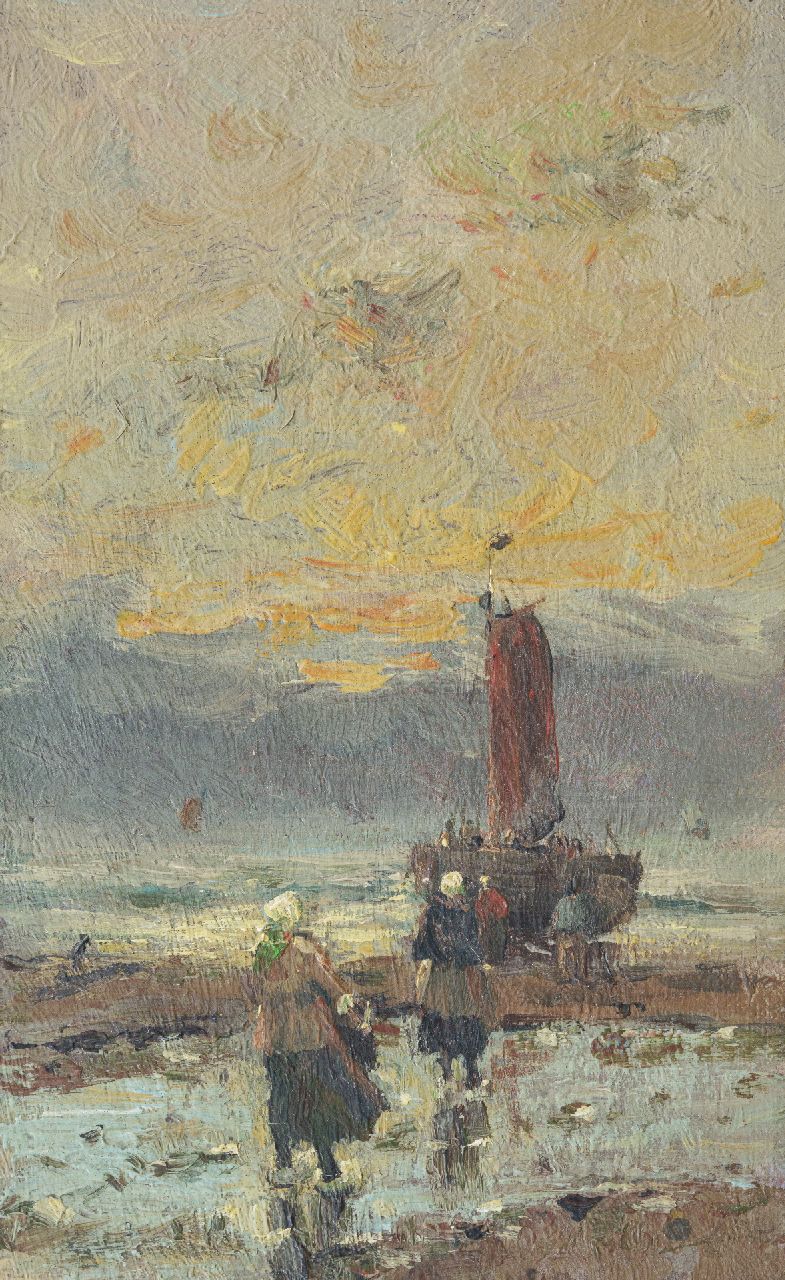 Munthe G.A.L.  | Gerhard Arij Ludwig 'Morgenstjerne' Munthe | Schilderijen te koop aangeboden | Vissersvrouwen op het strand, olieverf op doek op paneel 23,2 x 14,2 cm, gesigneerd linksonder vaag en ca. 1914