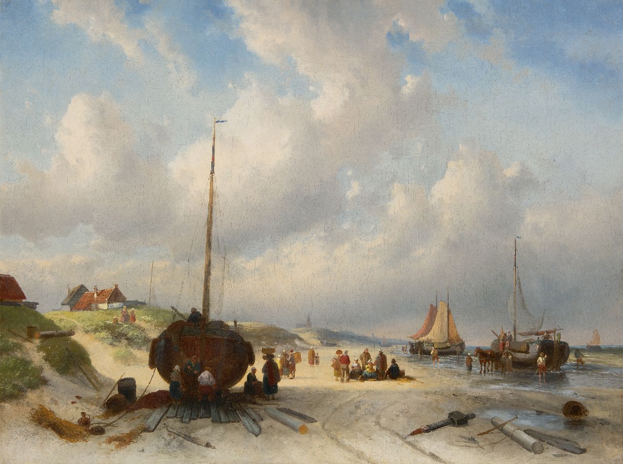 Leickert C.H.J.  | 'Charles' Henri Joseph Leickert | Schilderijen te koop aangeboden | Vissersvolk bij drooggevallen botters op het strand, olieverf op doek 77,8 x 103,5 cm, zonder lijst