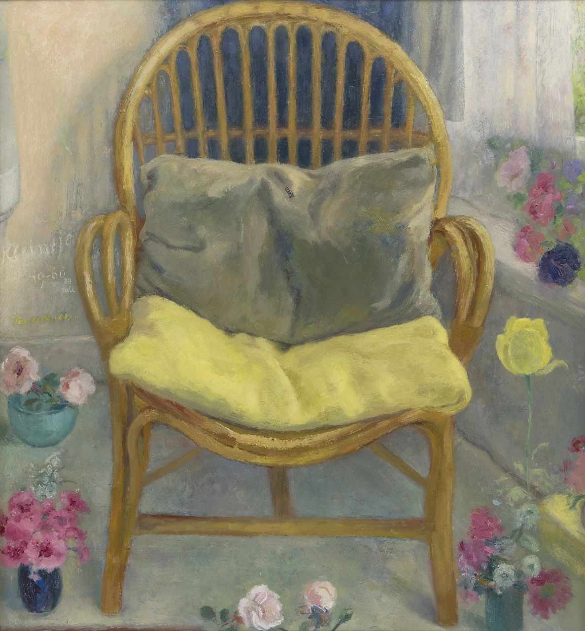 Schultze P. | Paulus 'Paul' Schultze | Schilderijen te koop aangeboden | De stoel in de serre, olieverf op board 69,3 x 64,3 cm, gesigneerd links van het midden en verso gedateerd 24 Juli '60 Schultze P. | Paulus 'Paul' Schultze | Schilderijen te koop aangeboden | De stoel in de serre, olieverf op board 69,3 x 64,3 cm, gesigneerd links van het midden en verso gedateerd 24 Juli '60