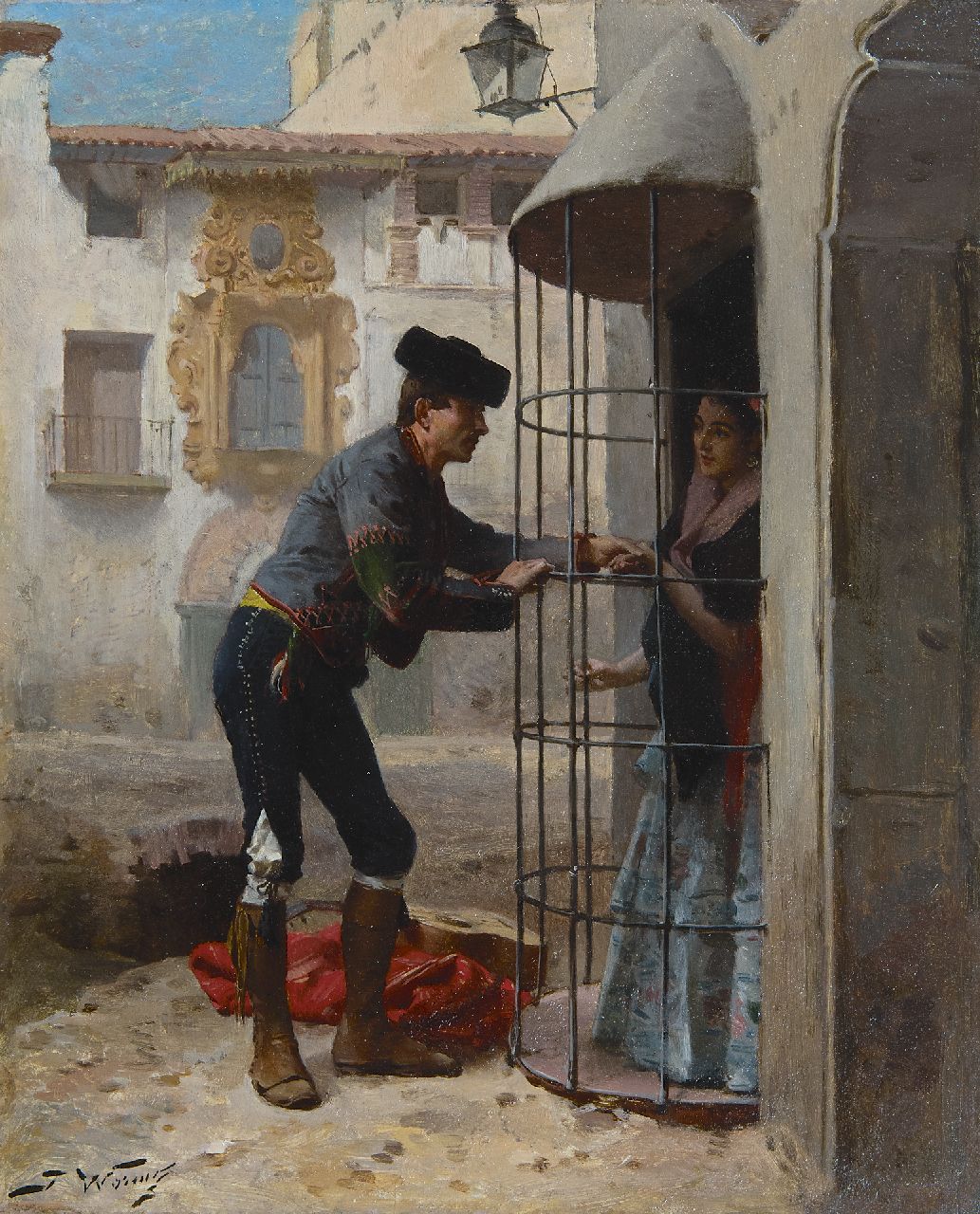 Worms J. | Jules Worms | Schilderijen te koop aangeboden | De verliefde torero, olieverf op paneel 27,0 x 21,8 cm, gesigneerd linksonder Worms J. | Jules Worms | Schilderijen te koop aangeboden | De verliefde torero, olieverf op paneel 27,0 x 21,8 cm, gesigneerd linksonder