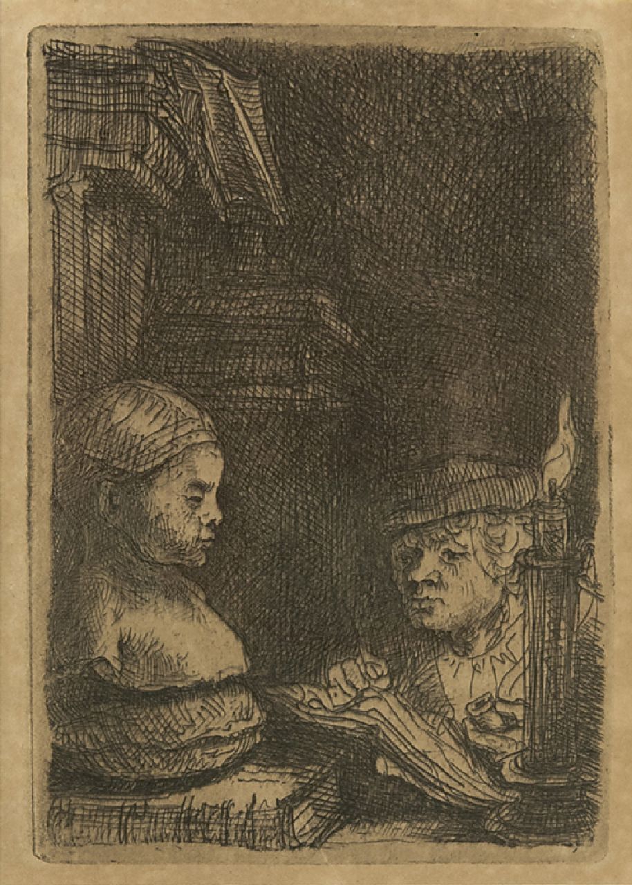Rembrandt (Rembrandt Harmensz. van Rijn)   | Rembrandt (Rembrandt Harmensz. van Rijn), Man tekenend naar een gipsmodel, ets op papier 9,3 x 6,3 cm