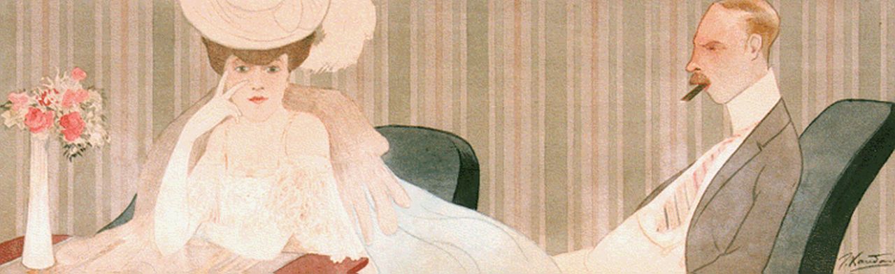 Xaudaro J. | Joaquin Xaudaro, Modieuze vrouw met haar echtgenoot, aquarel op papier 20,7 x 64,7 cm, gesigneerd rechtsonder Xaudaro J. | Joaquin Xaudaro, Modieuze vrouw met haar echtgenoot, aquarel op papier 20,7 x 64,7 cm, gesigneerd rechtsonder