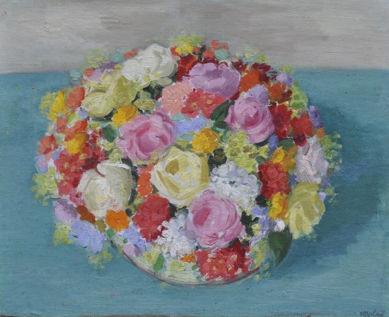 Martinez R.  | Raoul Martinez, Bloemenmand, olieverf op doek op board 48,9 x 60,5 cm, gesigneerd rechtsonder