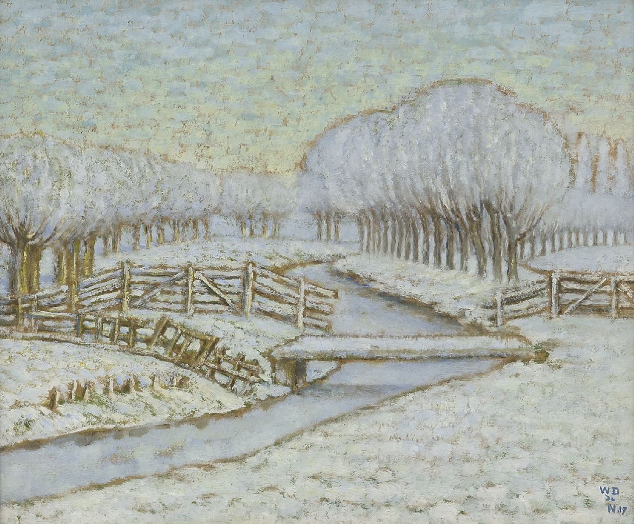 Degouve de Nuncques W. | William Degouve de Nuncques, Bomenrij in Hollands sneeuwlandschap, olieverf op board 31,3 x 37,7 cm, gesigneerd rechtsonder met initialen en gedateerd '17 Degouve de Nuncques W. | William Degouve de Nuncques, Bomenrij in Hollands sneeuwlandschap, olieverf op board 31,3 x 37,7 cm, gesigneerd rechtsonder met initialen en gedateerd '17