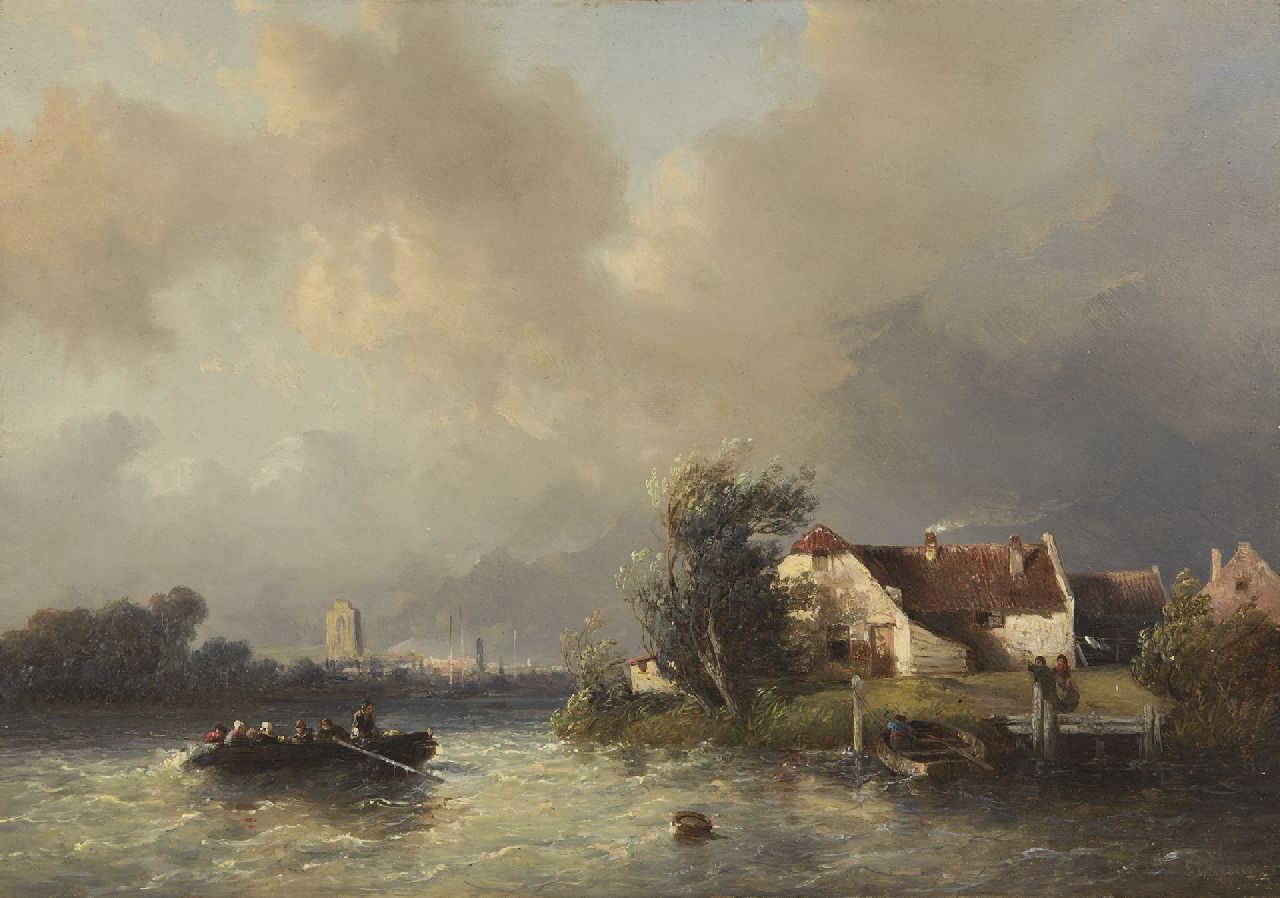 Verveer S.L.  | 'Salomon' Leonardus Verveer | Schilderijen te koop aangeboden | Veer op een woelige rivier, de Grote kerk van Dordrecht in de verte, olieverf op paneel 20,8 x 29,6 cm, gesigneerd rechtsonder en gedateerd '51