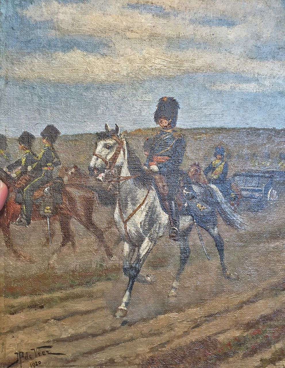 Veer J.P. de | Justus Pieter de Veer, Cavalerie, olieverf op doek op board 30,0 x 25,0 cm, gesigneerd linksonder en gedateerd 1920 Veer J.P. de | Justus Pieter de Veer, Cavalerie, olieverf op doek op board 30,0 x 25,0 cm, gesigneerd linksonder en gedateerd 1920